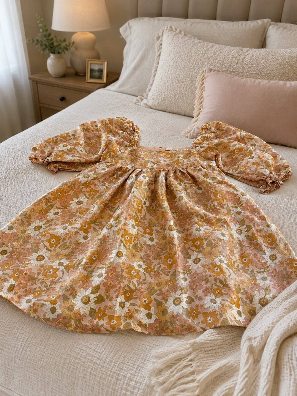 NWT STORIA Shiny Daisy Babydoll Dress Large Floral Puff Sleeve Cottagecore